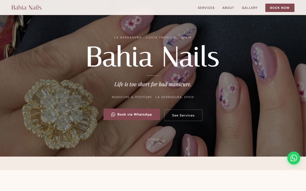 Screenshot of bahianails.com — marketing site for a nail studio in La Herradura, Spain, designed and developed by Adam Lankamer with an AI-assisted workflow