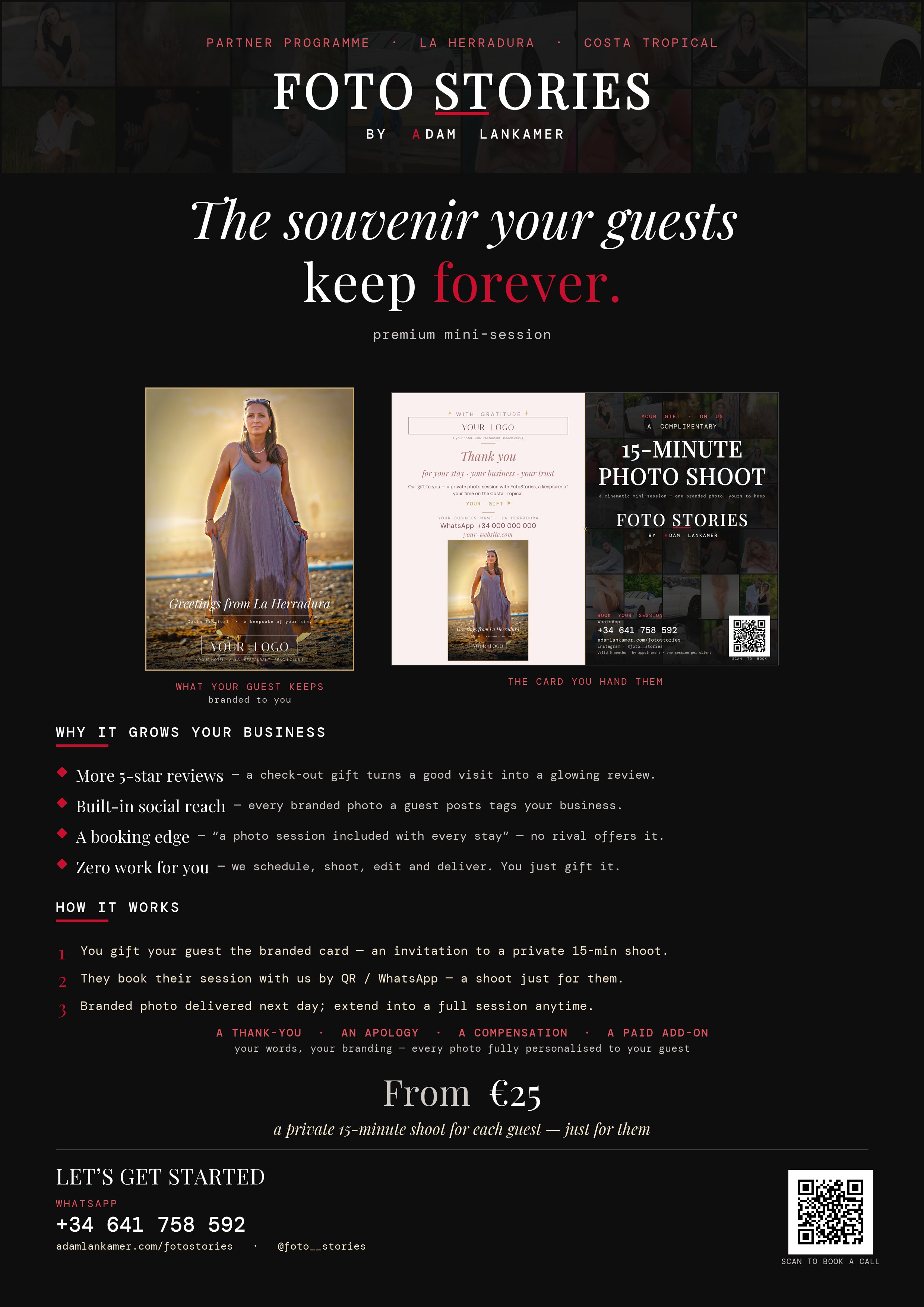 FotoStories partner programme one-page sell sheet: a premium 15-minute guest photo mini-session, from €25, branded to the operator.