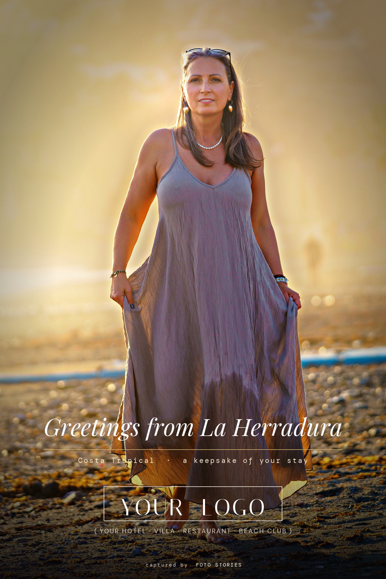 Sample branded guest souvenir photo — a woman on La Herradura beach at golden hour, with a placeholder operator logo and a Greetings from La Herradura message.
