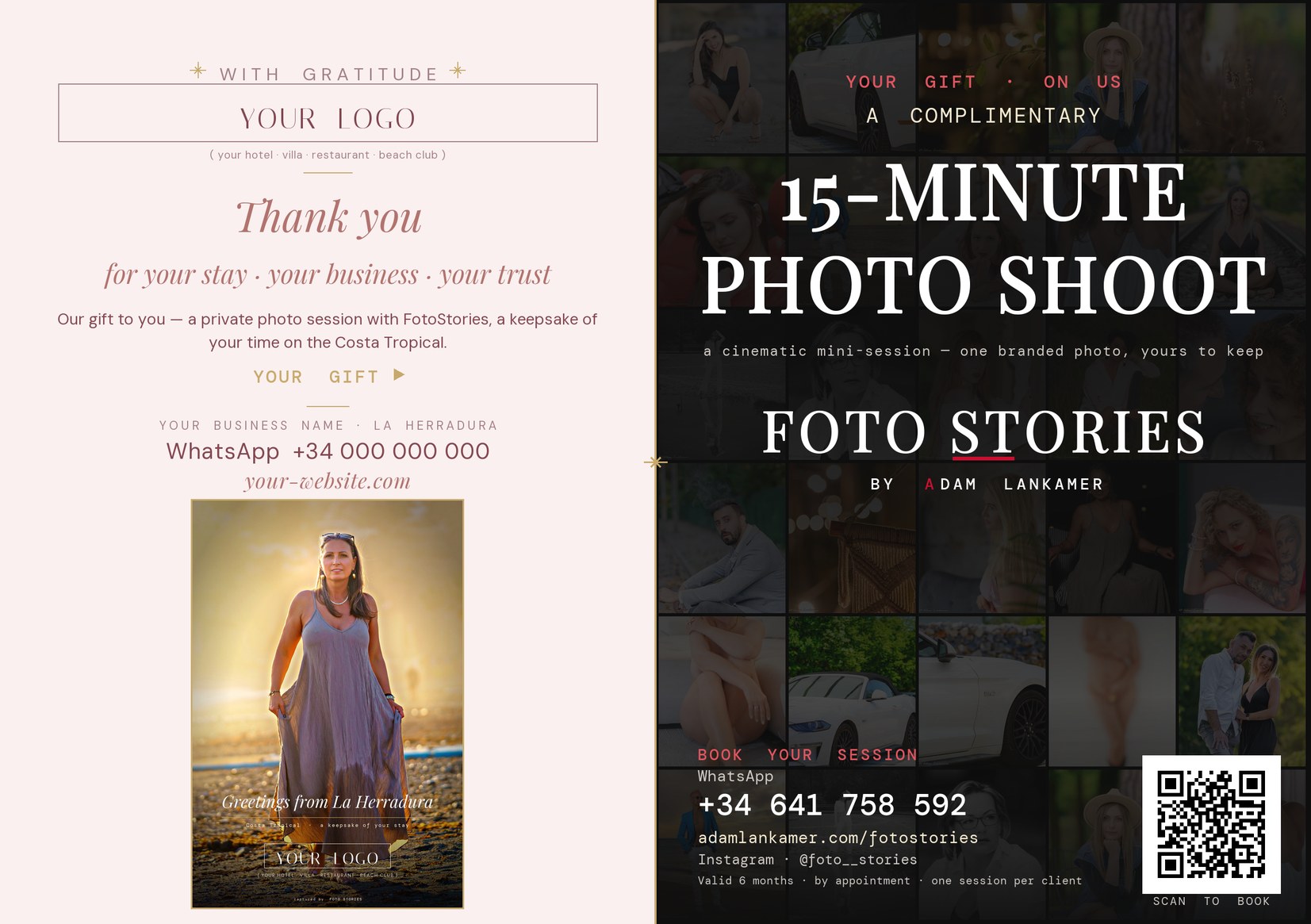 The branded thank-you card you hand your guest — your logo on one side, the FotoStories 15-minute photo shoot gift on the other.